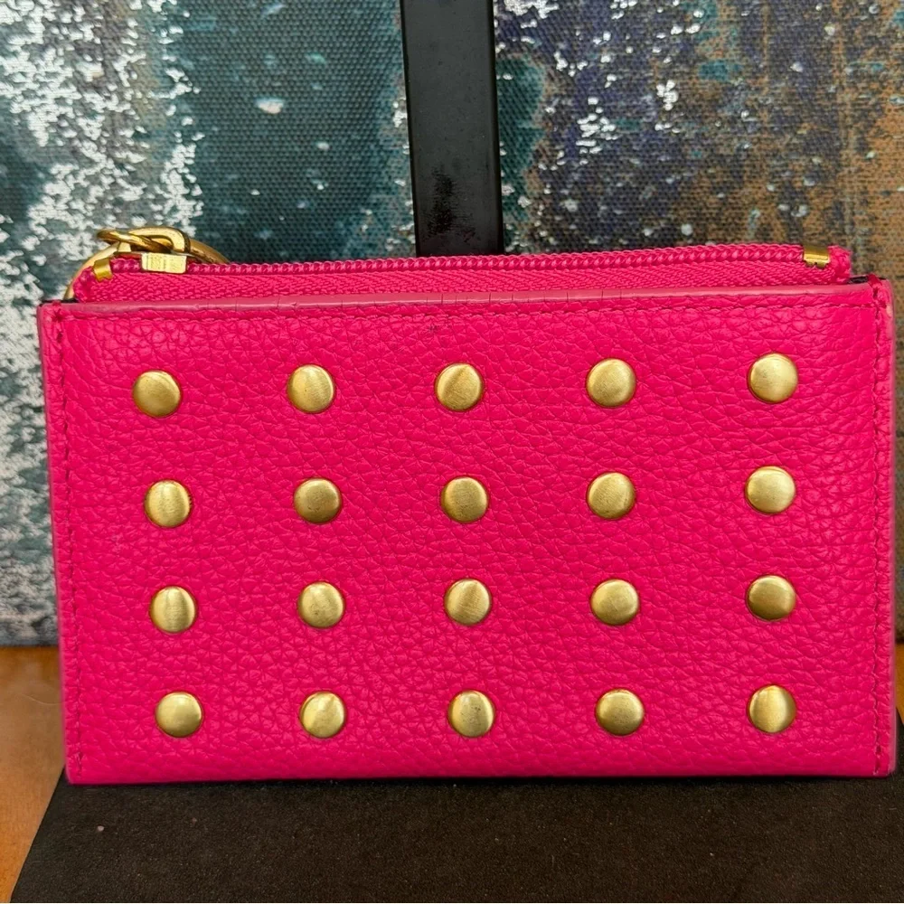 J.Crew Barbiecore Hot Pink Studded Leather Card Case & Key Ring (EUC)